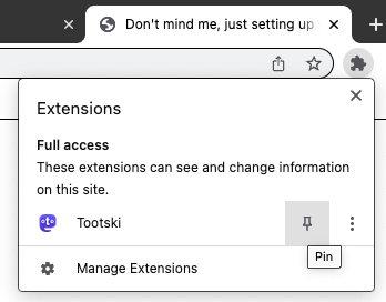 Screenshot from Chrome, showing how to pin the browser button to the toolbar.