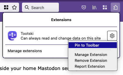 Screenshot from Firefox, showing how to pin the browser button to the toolbar.