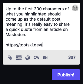 Screenshot showing selected text in the new-toot box.